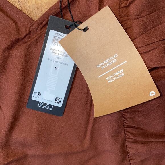 Vero Moda Odette Brown Ruffle Calf Dress NWT Sz M Women’s Polyester Tie Back - Picture 9 of 15